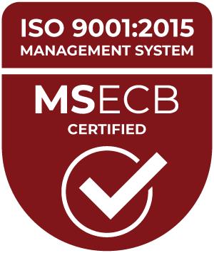 Certification badge: ISO 9001:2015 Management System; MSECB Certified with a white check mark on a maroon shield.