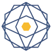 Abstract geometric logo featuring a blue multi-edge circular lattice with a yellow hexagon at the center.