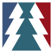Logo featuring three stylized evergreen trees in teal and blue against a split blue and red background.