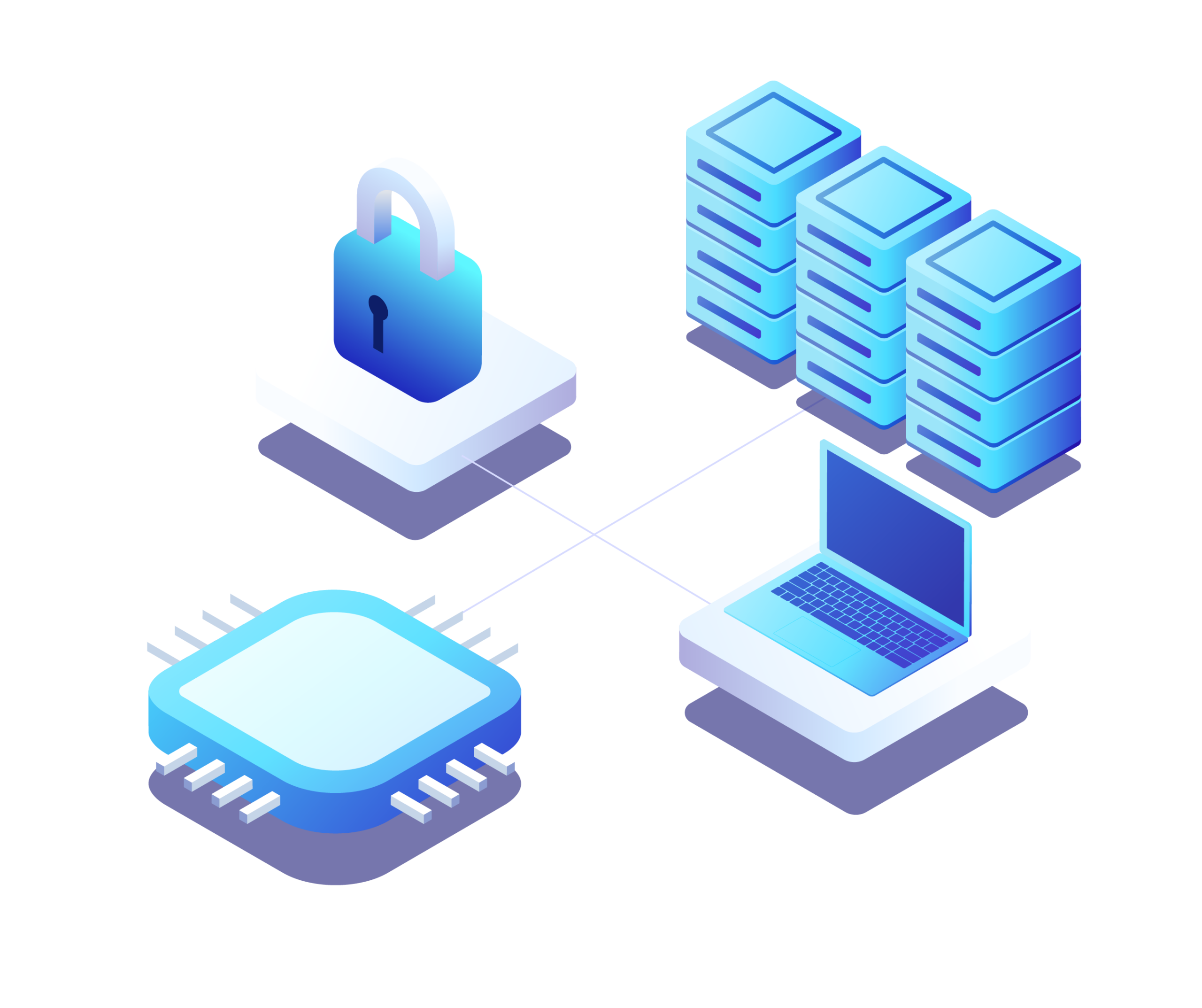 Isometric blue padlock next to a row of blue server towers, symbolizing cybersecurity.