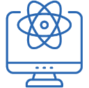 Blue line icon: computer monitor with an atomic symbol on the screen, signaling science or tech education.